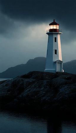 Majestic Lighthouse Standing Tall Against Stormy Skies and Rugged Cliffs, Guiding Ships Home Safelyの素材