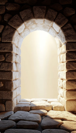 Dramatic Light Illuminates a Stone Archway Opening in a Dark Vault, Symbolizing Hope and Escapeの素材
