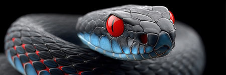 Close-Up of a Strikingly Beautiful Yet Dangerous Snake with Vivid Eyes on a Dark Backgroundの素材