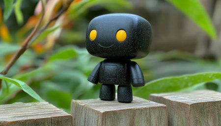 Whimsical Robotic Figure in a Lush Garden, Radiating Joy and Creativity Amidst Nature s Beautyの素材