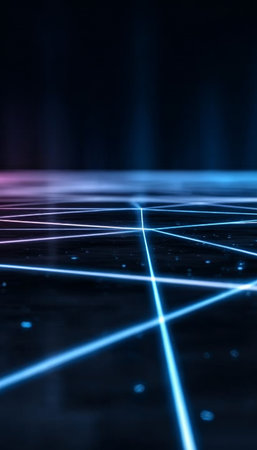 Futuristic Neon Grid Technology Illustration with Light Rays on Vibrant Blue Abstract Surfaceの素材