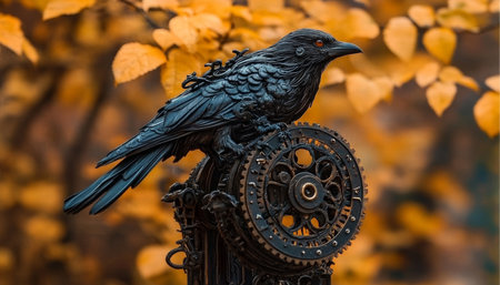 Intricate Steampunk Raven Sculpture Perched on Clockwork Gears Surrounded by Stunning Autumn Foliageの素材