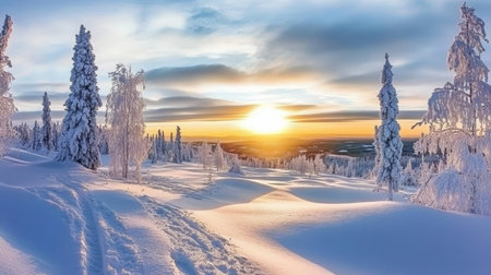 Breathtaking Magical Winter Wonderland in Scandinavia at Dusk with Snow-Covered Trees and Colorsの素材