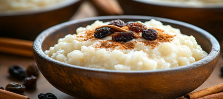 Delicious Creamy Rice Pudding with Cinnamon and Raisins, a Classic Comfort Food Dessert Delightの素材