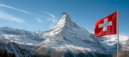 Stunning Winter Landscape of the Matterhorn Mountain, Swiss Flag, and Majestic Swiss Alps Viewの素材