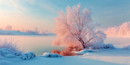Majestic White Tree Standing Tall in a Snow-Covered Landscape over a Misty Lake during Sunriseの素材