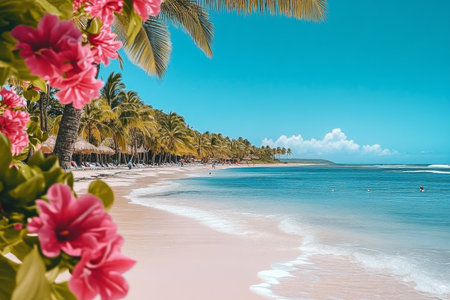 Tropical Paradise Tranquil Beach with Azure Waters, Pristine Sand, and Lush Surrounding Flowersの素材