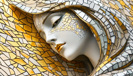 Madonna in Serene Marble Virgin Mother Style, Gold Mosaic Art, Divine Feminine Icon Sculptureの素材