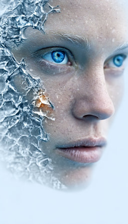 Frozen Beauty Stunning Winter Portrait Art with Icy Textures and Mystical Character Aestheticsの素材