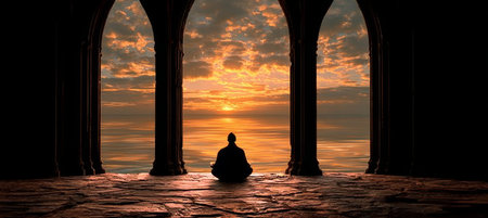 Person Meditating Calmly Near Beautiful Gothic Ruins, Enjoying the Sunset Over a Serene Ocean Vistaの素材
