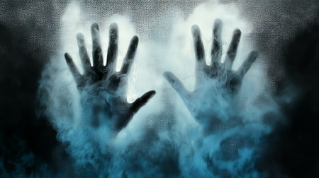 Ethereal Apparition Enigmatic Phantom Hands Emerging from a Murky Veil of Obscurity in Darknessの素材