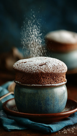 Decadent Chocolate Souffl Dessert with a Dusting of Powdered Sugar and Garnished with Berriesの素材