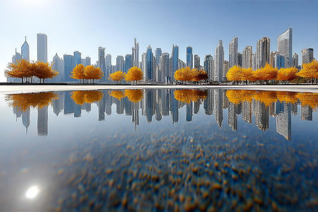 Autumn Colors Illuminate the Skyline at Sunset, Creating a Stunning Reflection in the Water Belowの素材