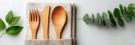 Elegant Bamboo Utensils Arranged in a Soft Napkin for Rustic Chic Dinner Table Settings Inspirationの素材