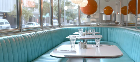 Vintage Diner Interior with Pastel Booth Seating, Retro Accents, and Cozy Atmosphere for Nostalgiaの素材