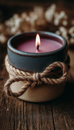 Handcrafted Aroma Candle in Rustic Jar, Cozy Ambience with Warm Lighting and Scented Delightの素材
