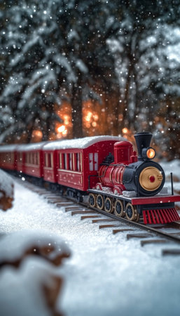A Majestic Red Christmas Train Traveling Through a Winter Wonderland of Snowy Landscapes and Treesの素材