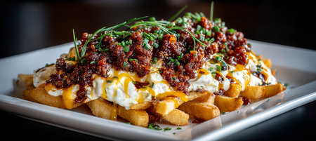 Delicious Golden Fries Drizzled with Cheese Sauce, Topped with Chili, Herbs, and Sour Creamの素材