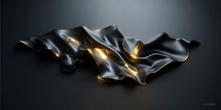 Elegant Black and Gold Flowing Fabric with Metallic Texture and Artistic Waves for Designの素材