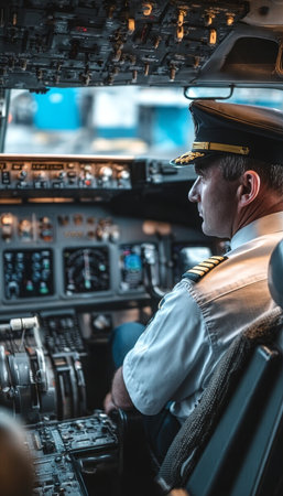 Pilot in Airplane Cockpit Ready for Flight, Preparing for Takeoff in Commercial Aviation Settingの素材