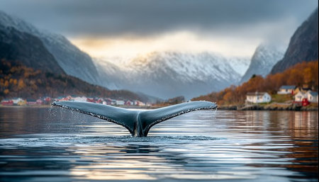 Majestic Whale Tail Emerging from Serene Fjord Waters with Stunning Mountain Backdrop in Winterの素材