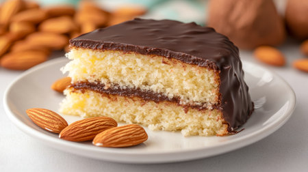 Indulgent Almond Joy Cake Slice with Chocolate Glaze and Coconut Cream Filling on Elegant Plateの素材