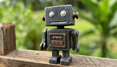 Antique Styled Robot on Wooden Backdrop, Nostalgic Art Decoration for Home with Detailed Finishの素材