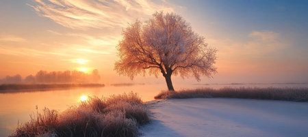 Winter s Whisper Frost-kissed Shore and Trees Reflecting in a Tranquil Cold River at Sunriseの素材