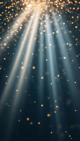 Enchanting Golden Radiance Beams Illuminating the Serene Landscape with Ethereal Warmth and Sparkleの素材