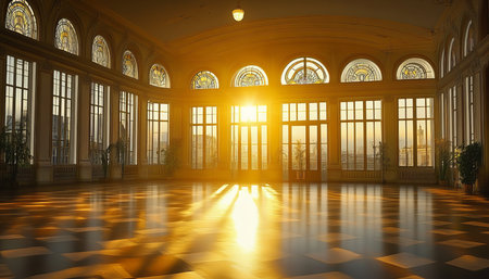 Grand Hall Bathed in Golden Hour Light, Sunlight Streaming Through Arched Windows and Empty Ballroomの素材