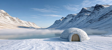 Tranquil Arctic Landscape Igloo Surrounded by Snow-Capped Mountains and Glacial Ice Fieldsの素材