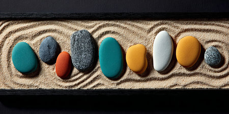 Zen Garden Top View Featuring Colorful Stone Pattern, Raked Sand Waves, and Tranquil Serenityの素材