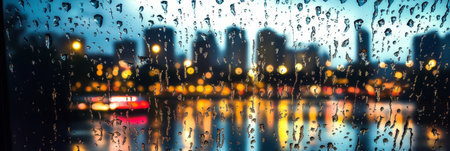 Blurry Panorama of a Modern City Silhouette Illuminated by Urban Lights in Rainy Weather at Nightの素材