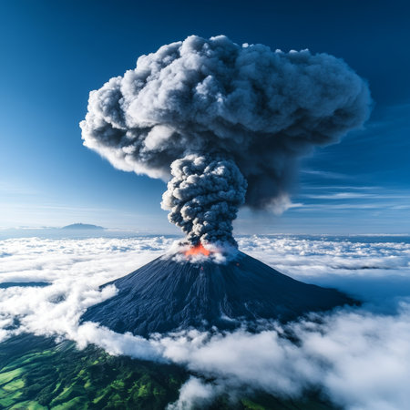 Epic Eruption Majestic Volcano Unleashes Fiery Lava and Dark Ash Plumes into the Skyの素材
