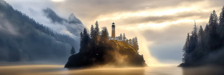 Coastal Lighthouse Standing Tall Against Misty Sunrise, Guiding Ships Through Foggy Waters.の素材
