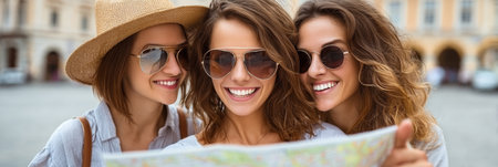 Three Charming Women Tourists Joyfully Exploring a City Map Together on Vacation Adventure Tripの素材