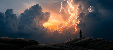 Majestic Landscape Silhouette of a Person Gazing at Colorful Cosmic Clouds During Dusk Sunsetの素材