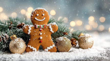 Charming Gingerbread Man Surrounded by Snowflakes and Bright Christmas Tree Decorations for Holidaysの素材