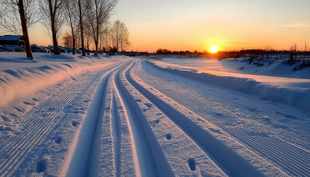 Peaceful Winter Landscape Featuring a Setting Sun Over a Snowy Field with Ski Tracks and Treesの素材