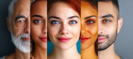 Diverse Group of Multicultural People with Various Skin Tones Smiling Together in a Portrait Formatの素材