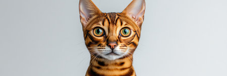 Close Up Portrait of a Captivating Feline with Striking Eye Contact on Light Studio Backgroundの素材