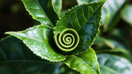 A Rolled Tea Leaf Displaying the Fibonacci Sequence in Fresh Leaves, Highlighting Nature s Beautyの素材