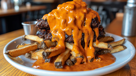 Gourmet Burger Served on a Bed of Crispy French Fries, Topped with Overflowing Melted Cheese Delightの素材