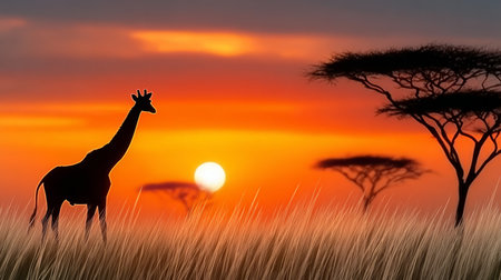 Majestic Giraffe Silhouette Against a Stunning Acacia Tree in a Vibrant African Sunset Sky Landscapeの素材