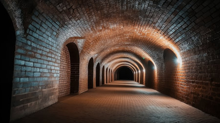 Mysterious Brick Archway Tunnel with Eerie Light Beam, Dark Passageway and Architectural Eleganceの素材