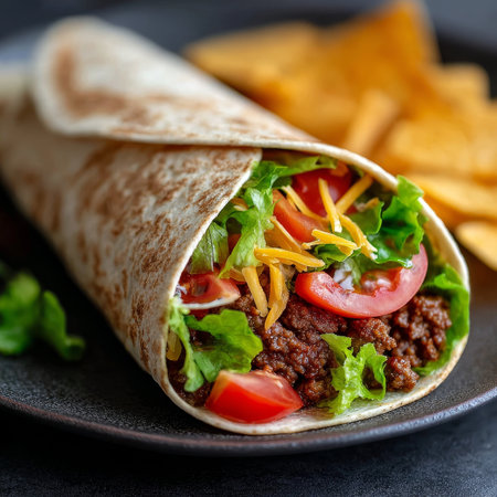 Delicious Stock Image of a Mexican Wrap Fiesta with Beef, Cheese, and Nachos on a Black Plateの素材
