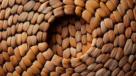 Textured Woven Hay Mat Closeup with Symmetrical Pattern in a Round Open Space, Natural Circle Decorの素材