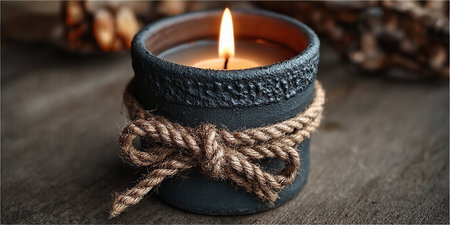Cozy rustic decor featuring a burning gray candle wrapped in twine atop a wooden surfaceの素材