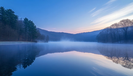 Tranquil Reflection of Quet Calm Wilderness Lake Surrounded by Mist at Serene Dusk and Dawn Lightの素材