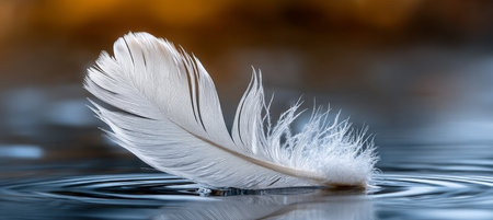 A White Feather Drifting Gently on Serene, Glassy Water, Creating Soft Ripples and Tranquil Beautyの素材